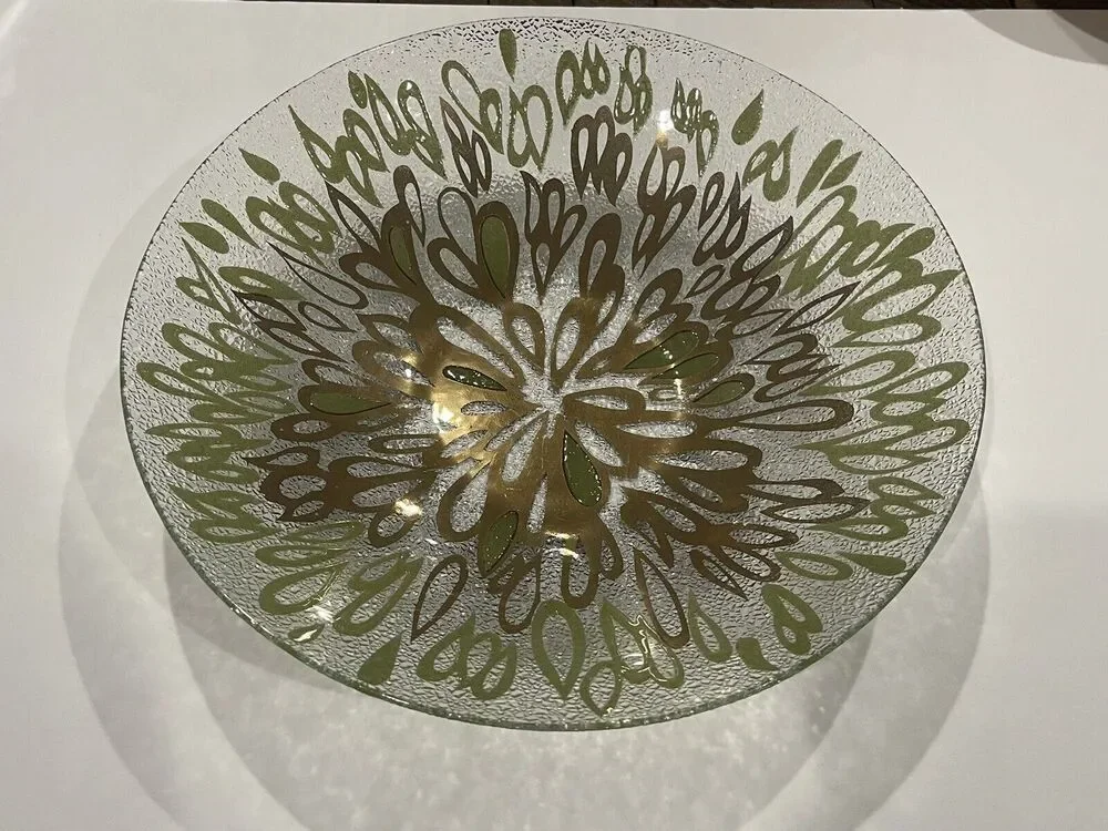 RARE Vintage Dorothy Thorpe MCM Raindrops Round Bowl Gold & Green Crystal 14
